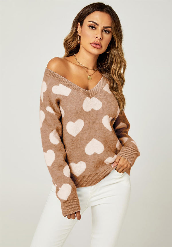 Relaxed Comfy White V Neck Heart Pattern Jumper Top In Beige