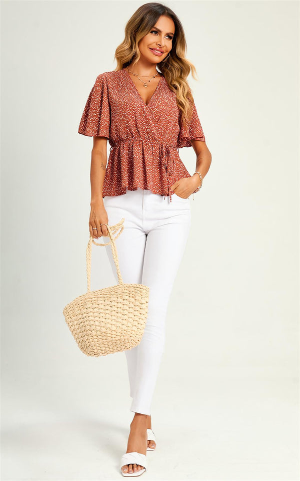Angel Sleeve V Neck Top/Blouse In Rusty Red Dot Print