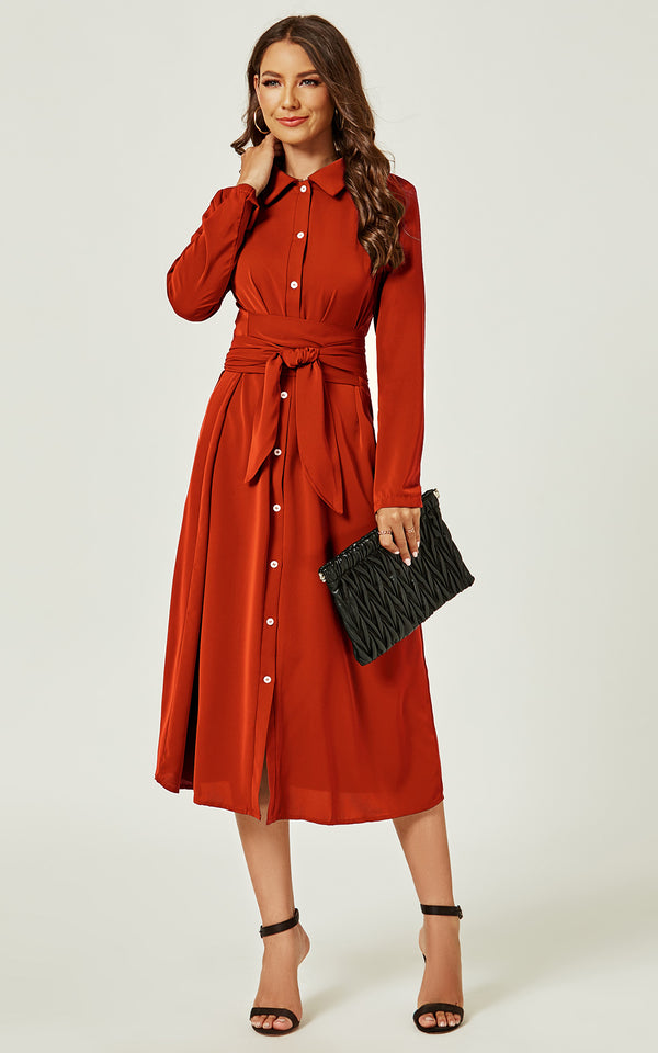 Shirt Midi Wrap Dress In Rusty Red