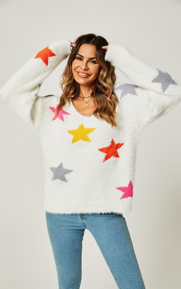 Relaxed Soft Comfy V Neck White Star Pattern Jumper Top In White