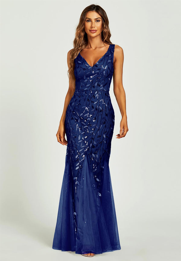 Sequin Leaf Detailed V Neck Bridesmaid Maxi Dress In Navy