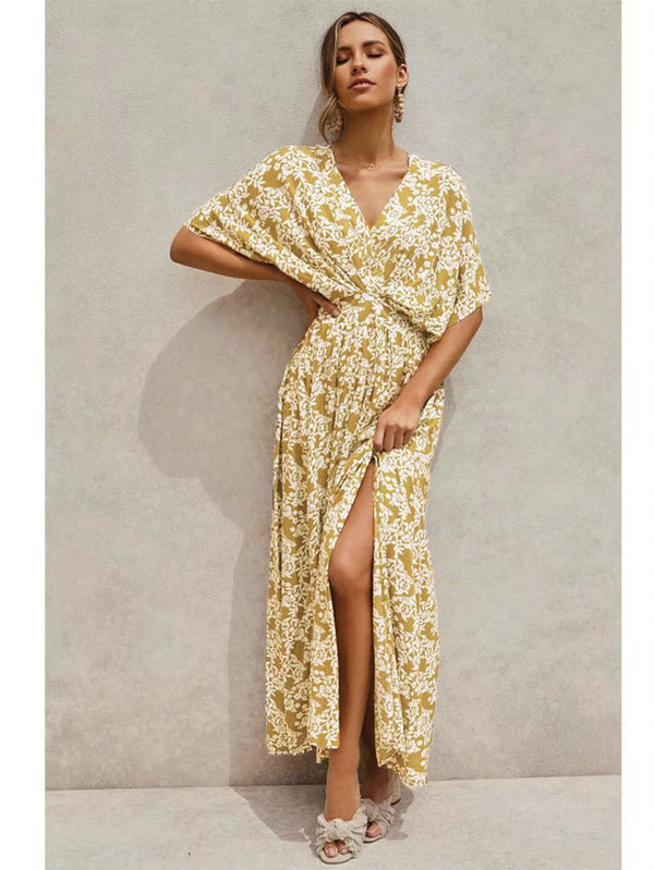 V Neck & Back Detail Bohemian Style Maxi Dress In Olive Yellow Floral Print