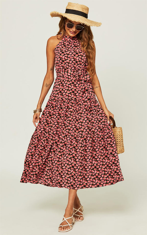 Halter Neck Maxi Layer Dress In Pink Floral Print