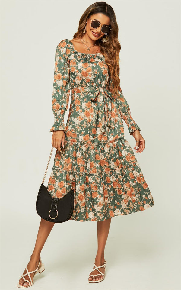 Square Neck Layered Ruffle Long Sleeves Midi Dress In Green Floral Print
