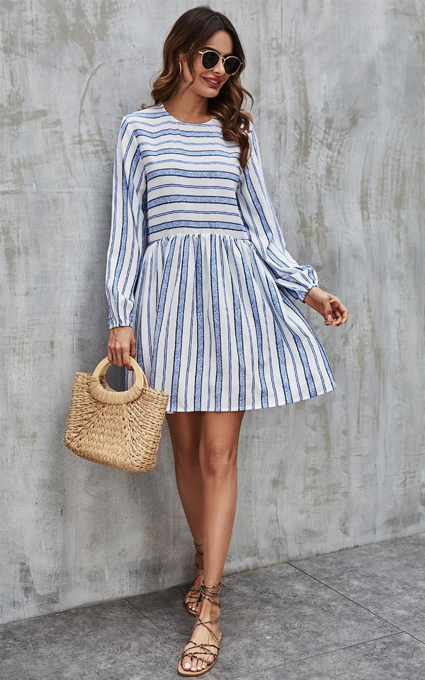 Blue Stripe Print Long Sleeve Smock Dress In White