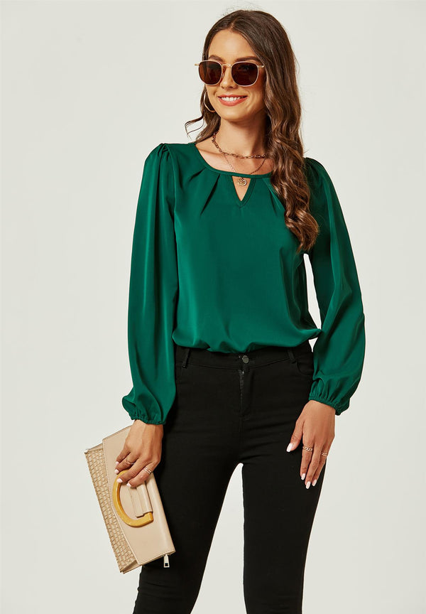 Long Sleeve Detailed Neckline Blouse Top In Green