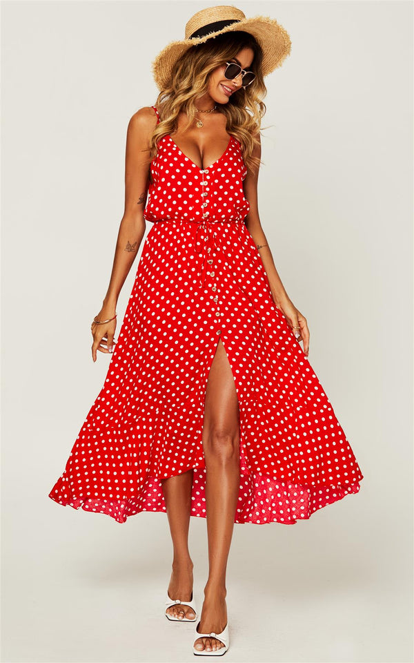 Button Down High Low Strappy Dress In Red & White Palk Dot