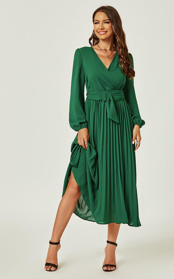 Pleated Midi Skirt Wrap Dress In Green