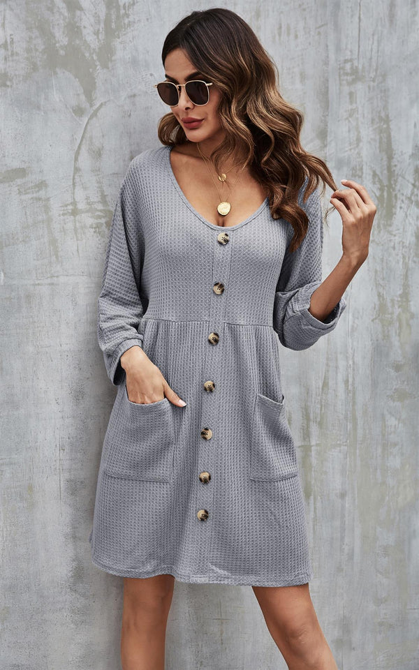 Button Front Mini Dress In Silver Grey