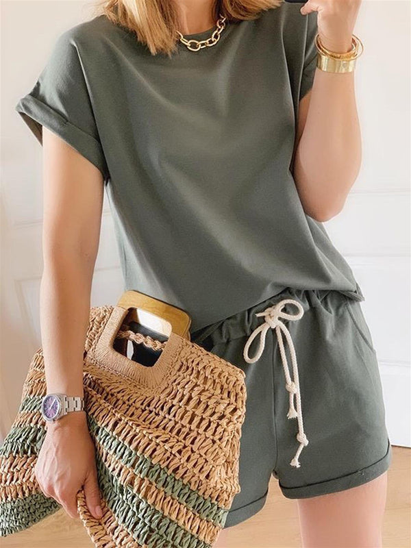 Relaxed Short Sleeve Tshirt Top And Shorts Set In Olive Green