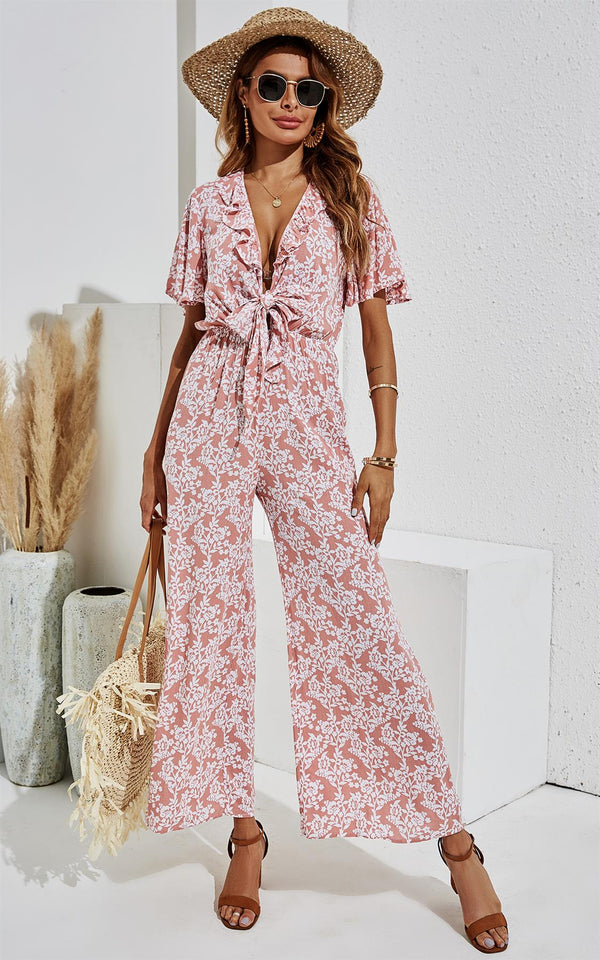 Ruffled Sleeve Jumpsuit In Pink & White Floral