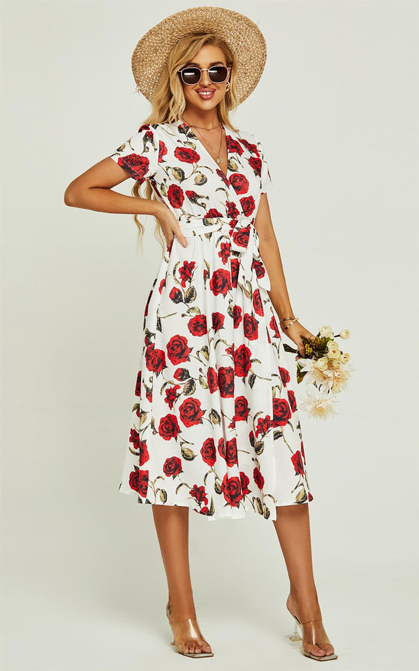 Red Floral Print High Waist Wrap Midi Dress In White