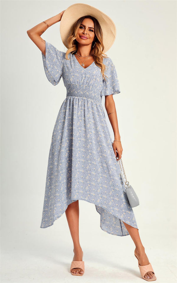 Little Flora – Bedrucktes Midikleid mit hohem Bund und elastischer Taille in Grau