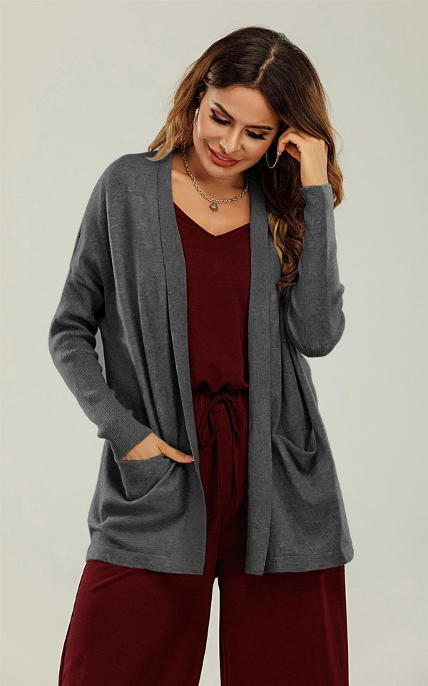 Wool Blend Classic Open Cardigan In Charcoal Grey