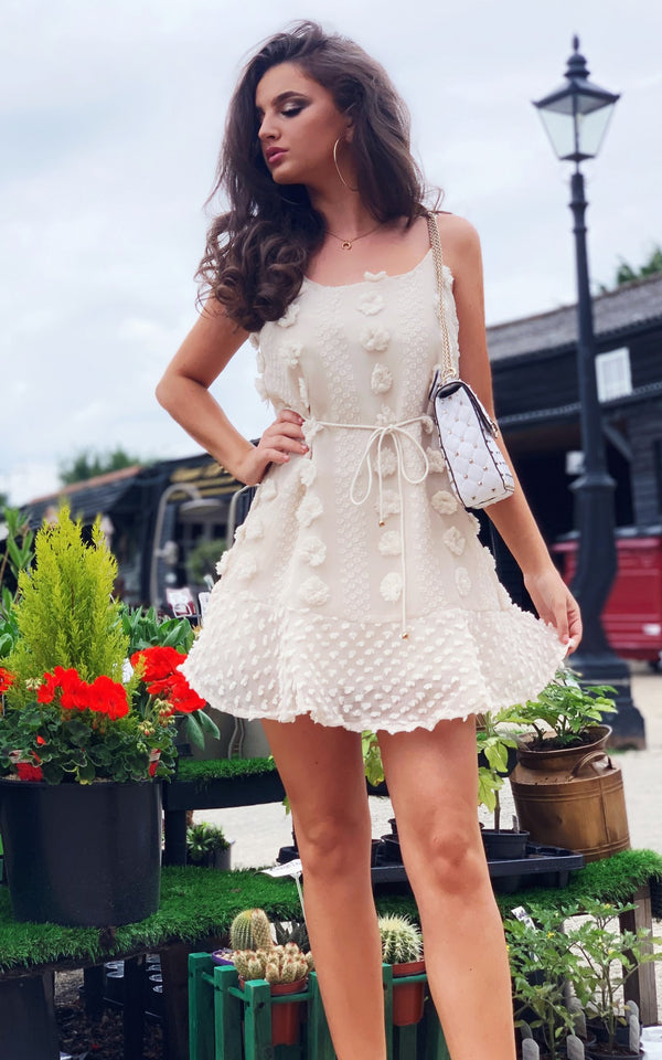 Strappy Mini Dress With Flower Appliques In Cream