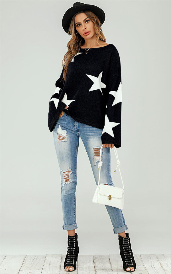Wide Sleeve Oversize Black Jumper With White Star