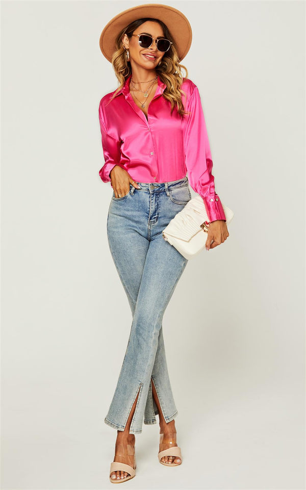 Chic Relaxed Satin Shirt In Fuchsia Pink