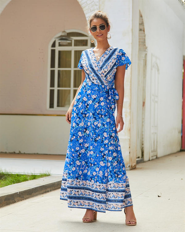 Bohemian Style Wrap Maxi Dress In Blue & Pink Floral Print