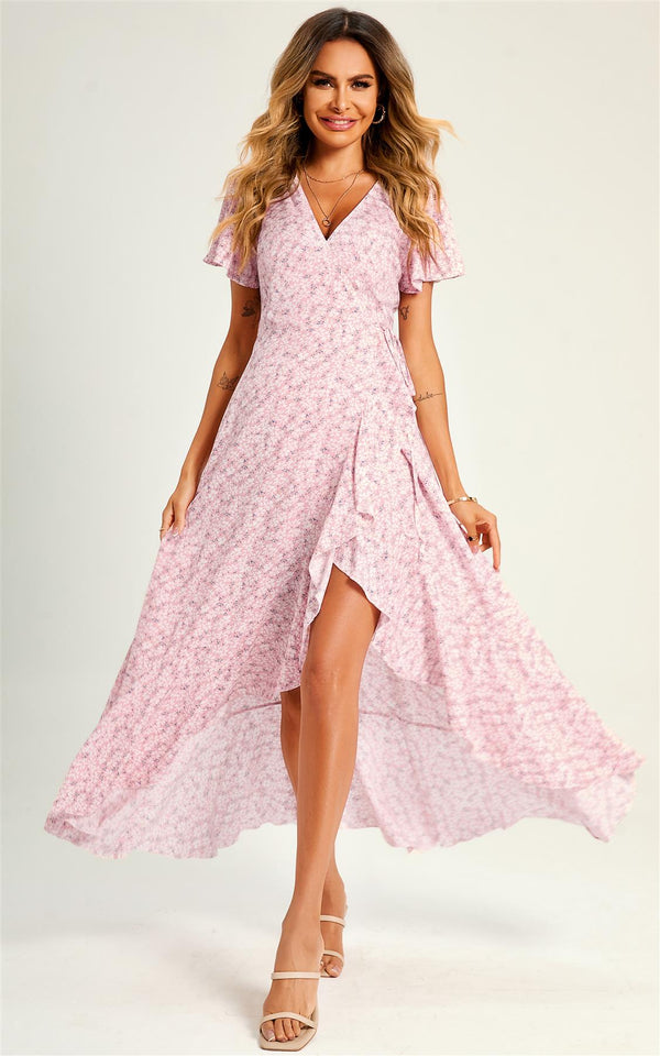 Summer Floral Print Hem Wrap Midi Dress In Pink