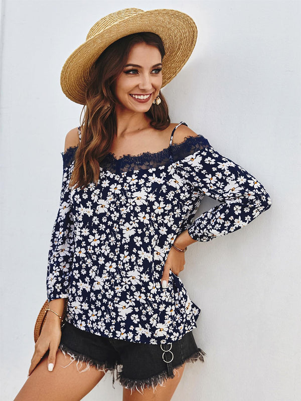 Lace Trim Off The Shoulder Top In Navy Daisy Floral Print