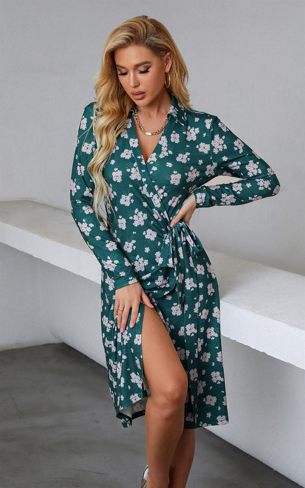 Wrap Style Long Sleeve Dress In Forest Green & Silver Print