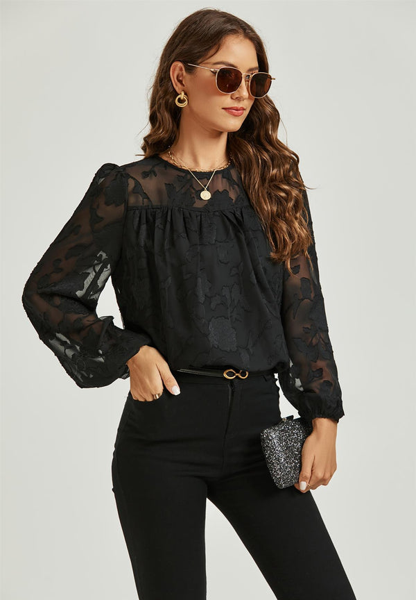 Long Sleeve Flocked Tulle Lace Top In Black