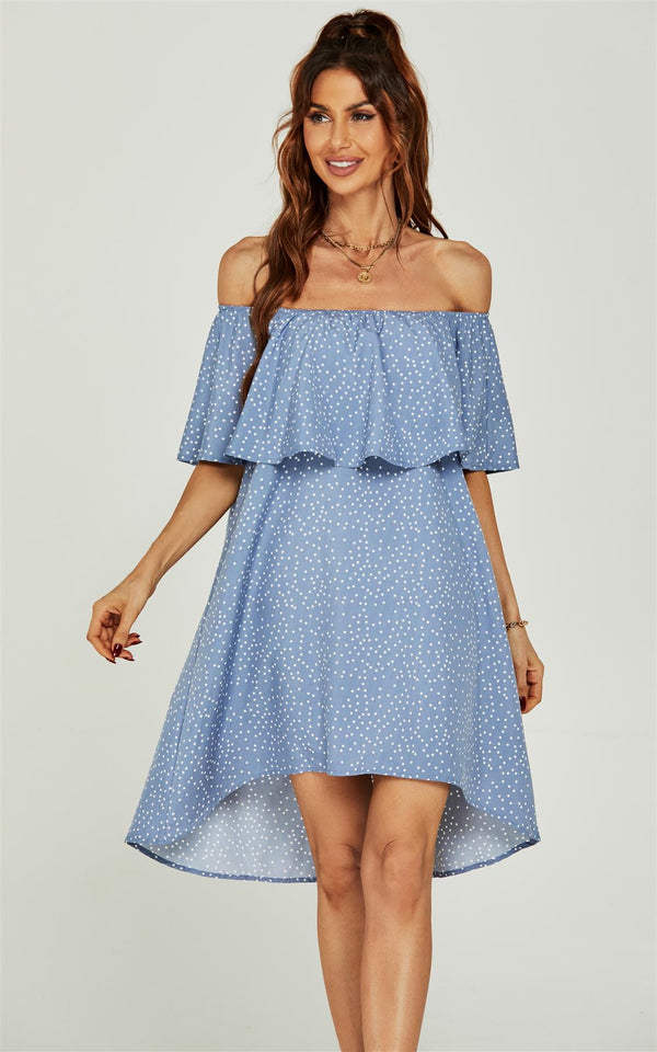 Polka Dot Print Bardot Frill Off Shoulder Mini Dress In Blue