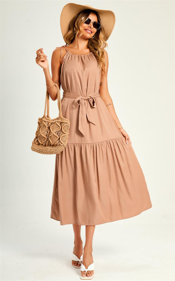 Tie Halter Neck Tiered Midi Dress In Nude Pink