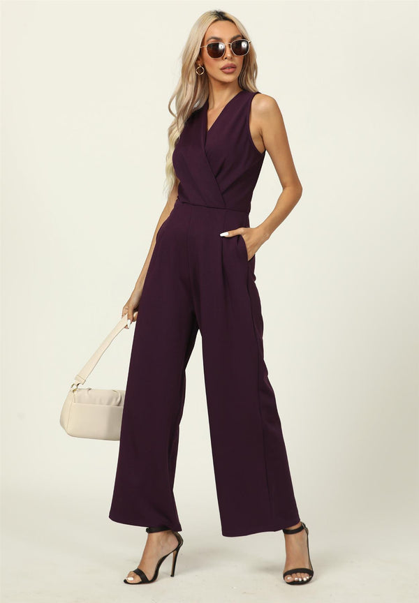 V Neck Wrap Style Jumpsuit In Plum