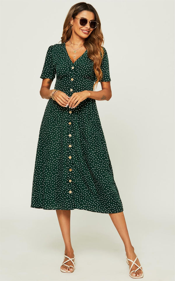 Button Up Polka Dot Print Midi Dress In Green
