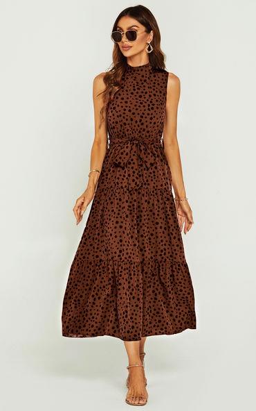 Halter Neck Maxi Layer Dress In Brown & Black Leopard Print