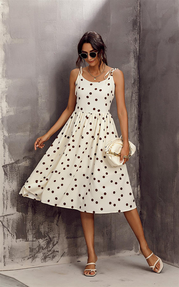 Cream & Chocolate Polka Dot Print Strappy Bardot Midi Dress