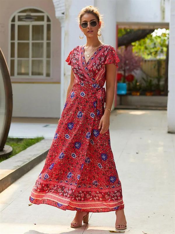 Bohemian Style Wrap Maxi Dress In Red With Blue Floral Print