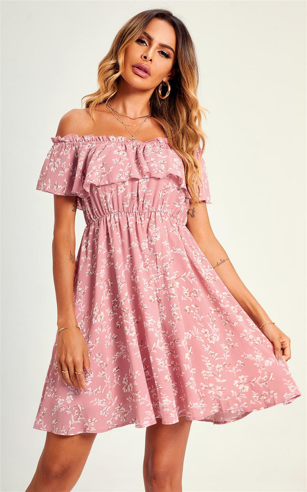 Bardot Frill Mini Dress In Pink Flora Print