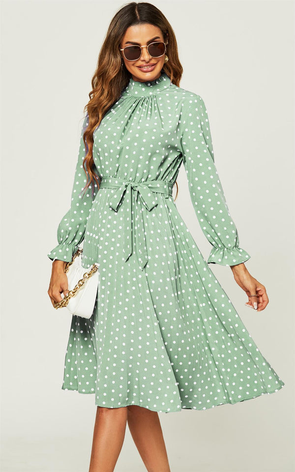High Neck Long Sleeve Frill Detail Pleated Skirt Midi Dress In Green & White Polka Dot