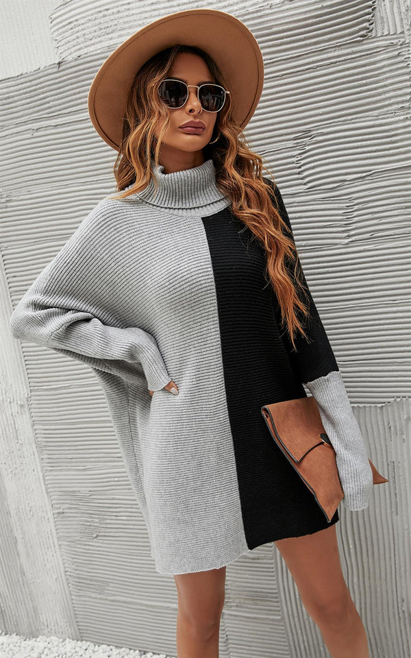 Halbgraues und schwarzes Pullover-Oberteil mit Stehkragen in Blockfarbe
