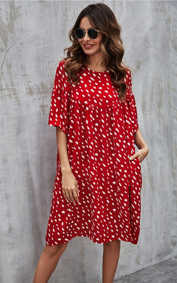 White Dot Short Sleeve Smock Dress In Red