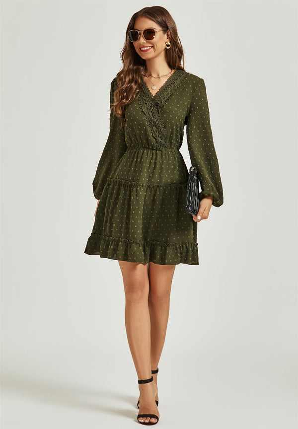 Long Sleeve Lace Detail Wrap Style Tulle Frill Mini Dress In Olive Green