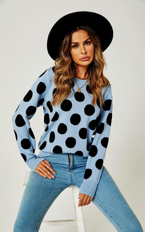 Comfy Knit Black Polka Dot Pattern Jumper Top In Blue