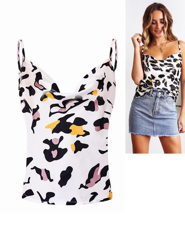 Cowl Neck Cami Top In White Leopard