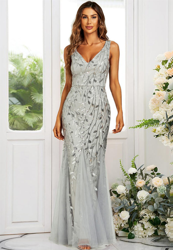 Sequin Leaf Detailed V Neck Bridesmaid Maxi Dress In Grey