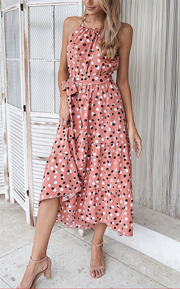 Halterneck Tiered High Low Dress In Pink & Black Polka Dot