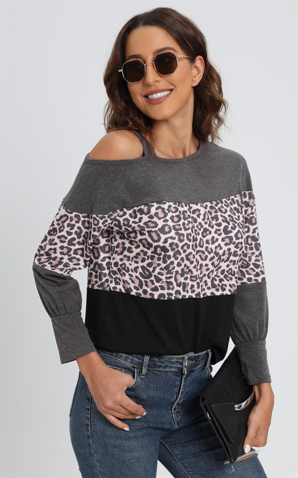 Leopard Print Cold Shoulder Grey Colour Block Relaxed Top In Black