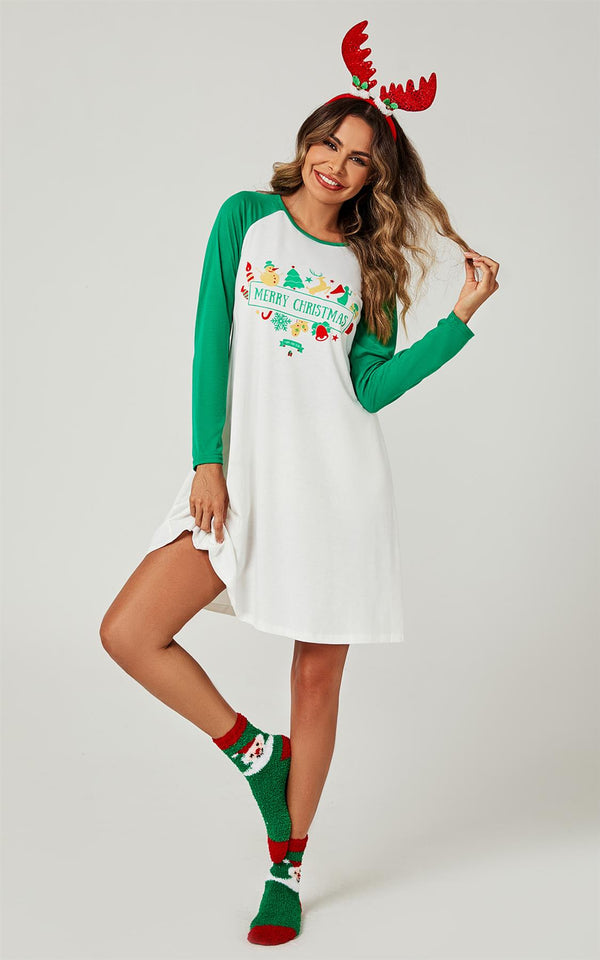 Christmas Nightgown Holiday Sleepwear Mini Dress In White & Green