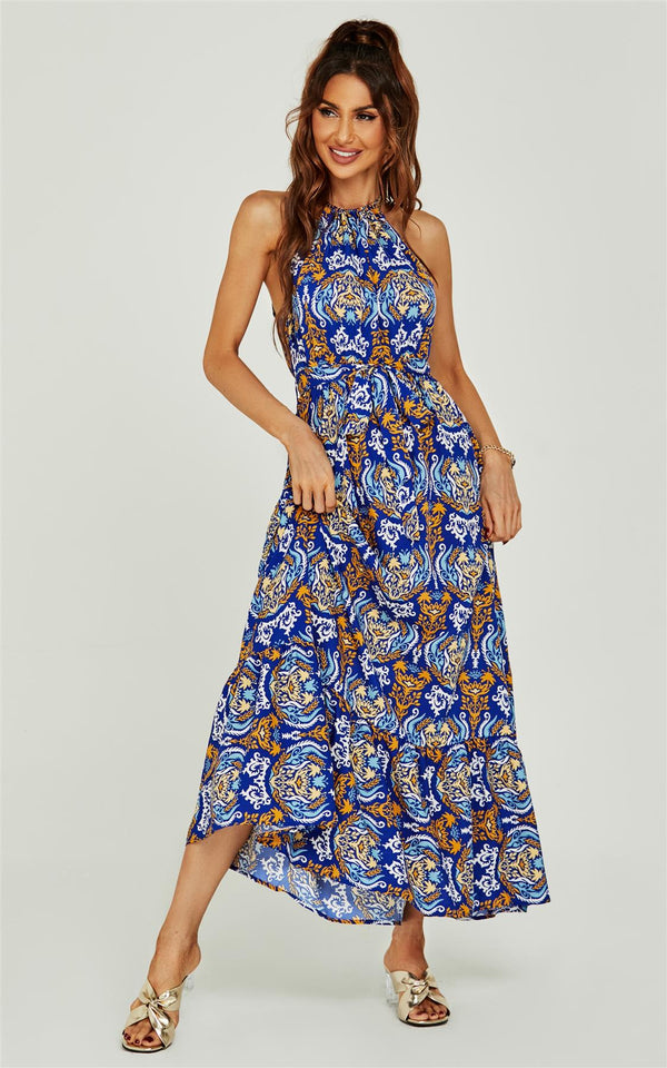 Rose Flora Print Halterneck Tiered Maxi Dress In Royal Blue