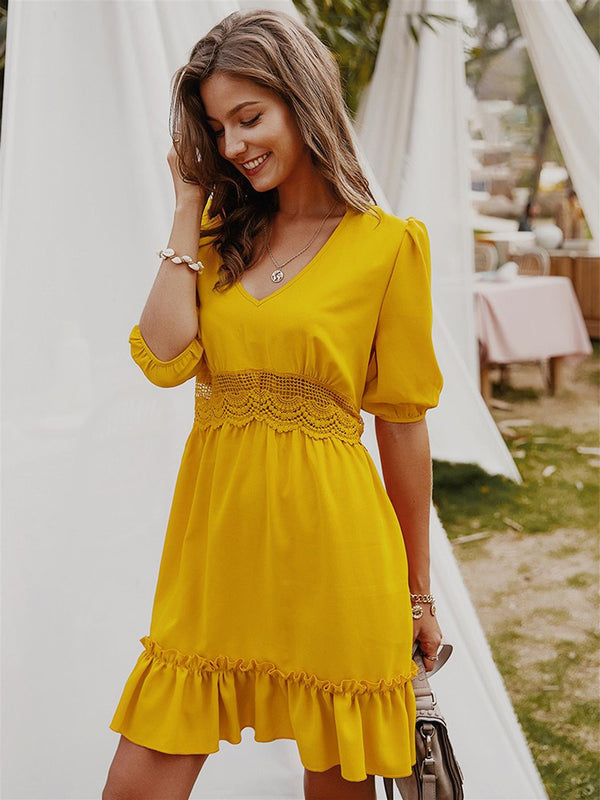 Lace Detail Smock Dress In Yellow