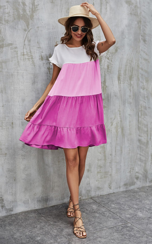Abgestuftes Kittelkleid in Weiß & Rosa