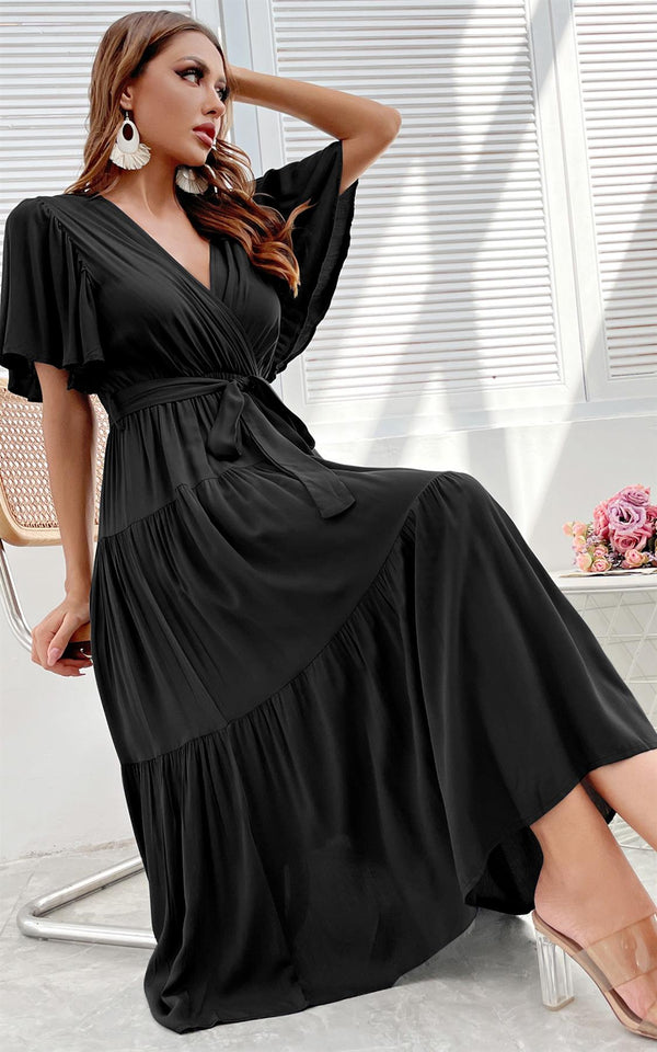 Flutter Sleeve Midi Wrap Dress In Black