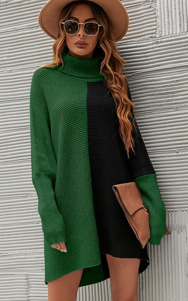 Halbes waldgrünes und schwarzes Pullover-Oberteil mit Stehkragen in Blockfarbe