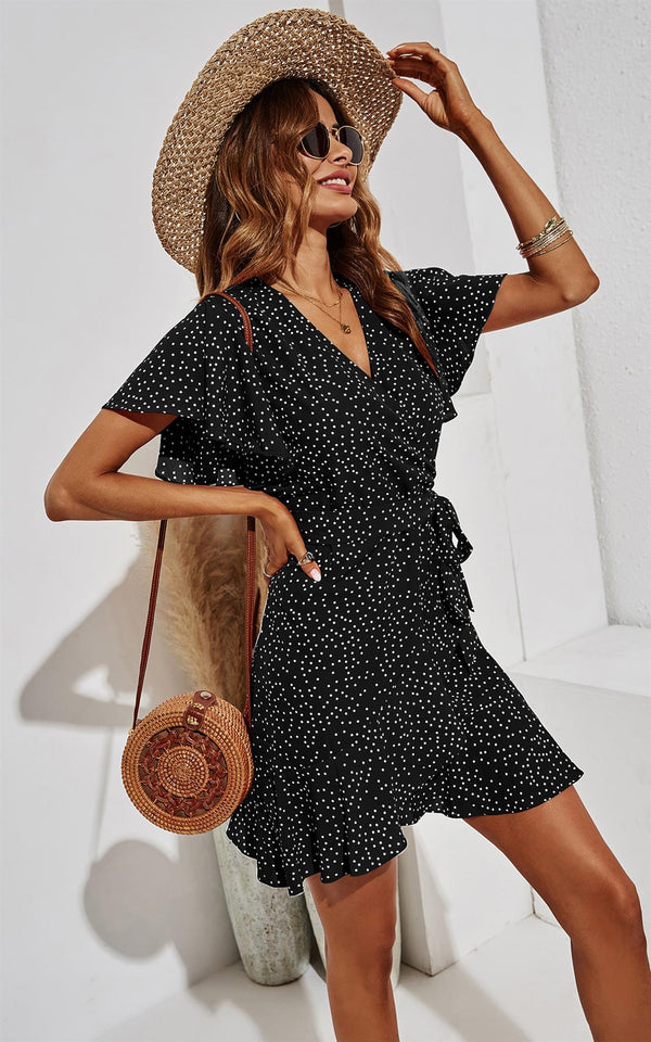 White Dot Mini Wrap Top Dress In Black